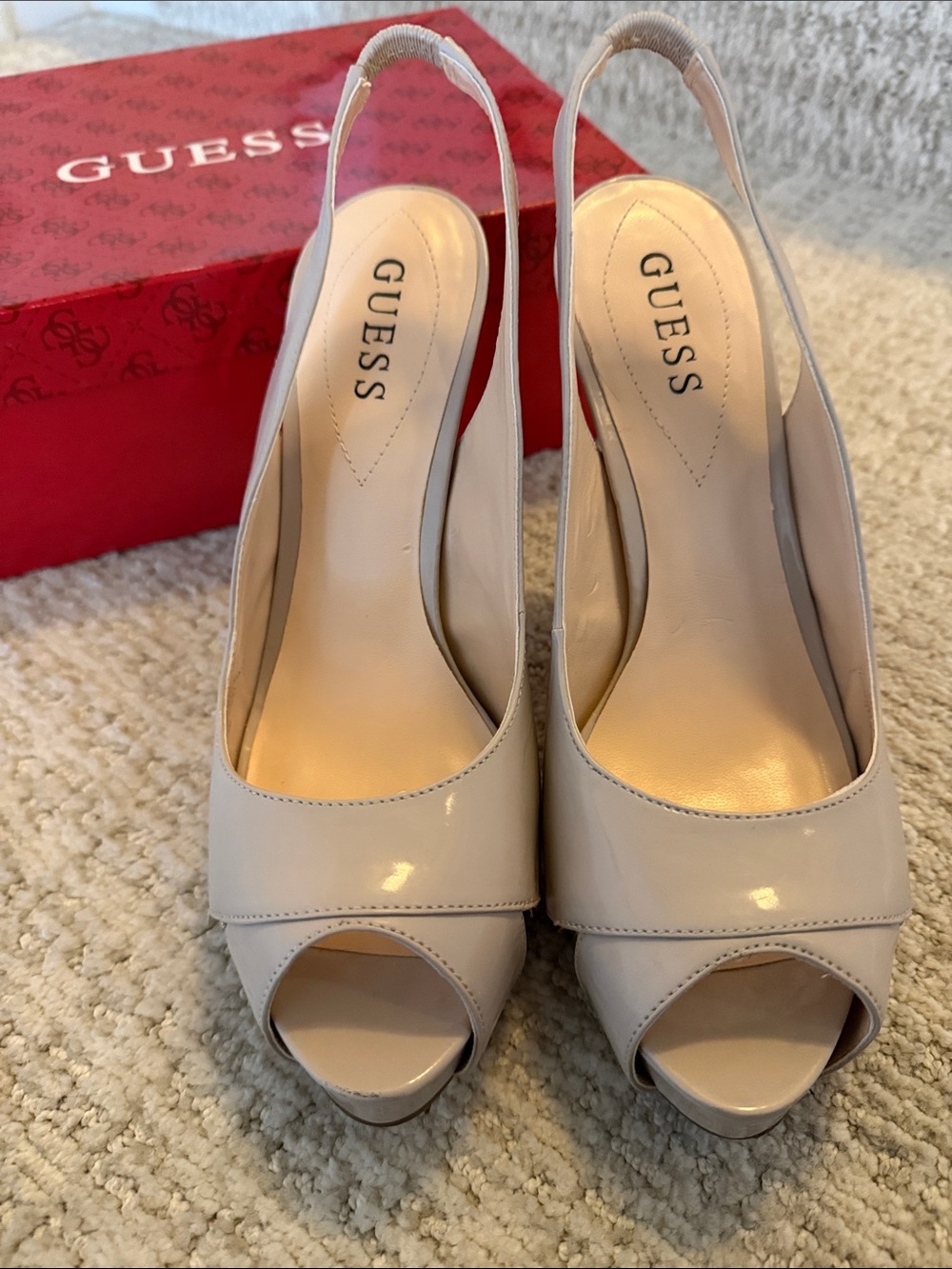 GUESS Nude Patent Peep-Toe Slingback Heels